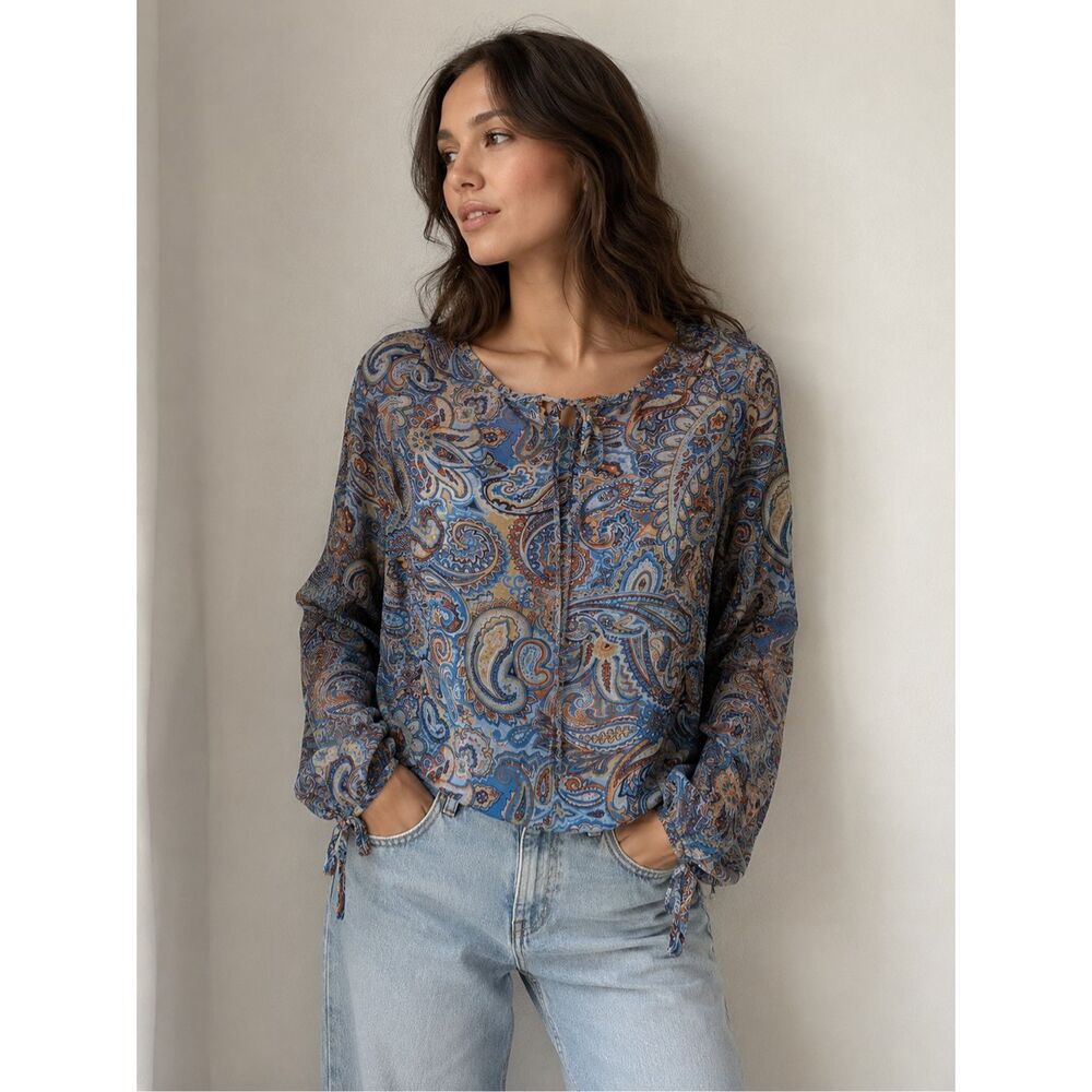 COTE FEMME Blue Paisley Boho Blouse Tie Neck Lightweight Size 4 French Brand
